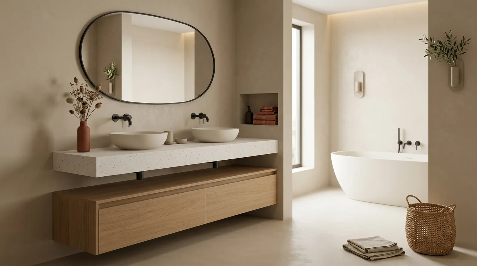 wastafel duo met terrazzo-blad mother of pearl, ochtend
