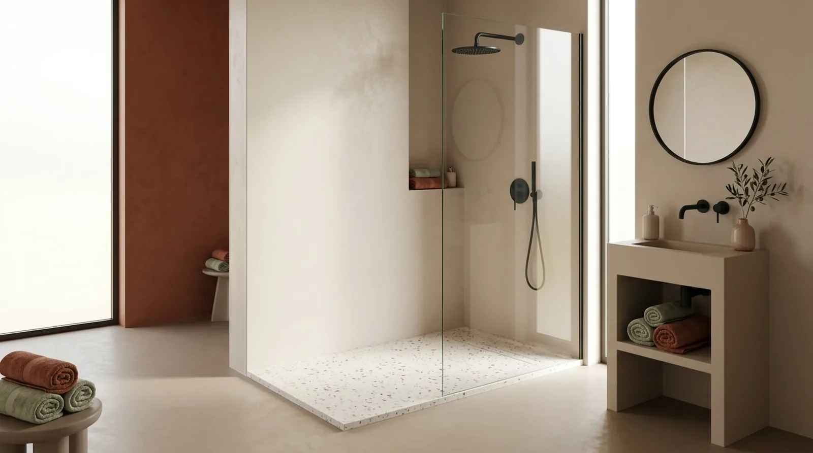 douchevloer plano in terrazzo pink, middag