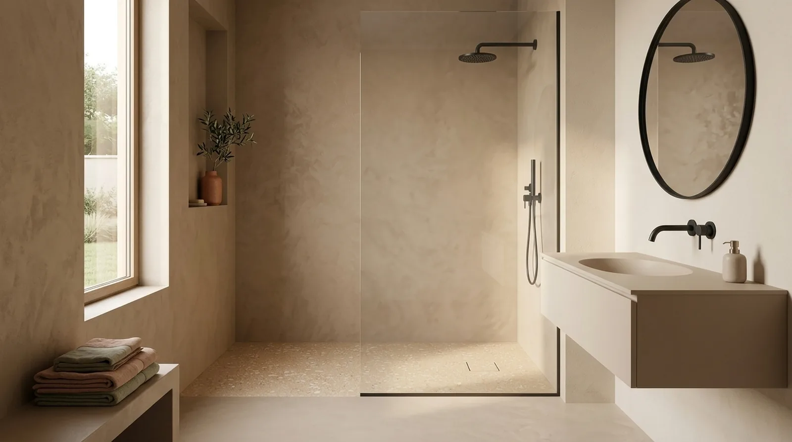 douchevloer plano in desert rock, ochtend