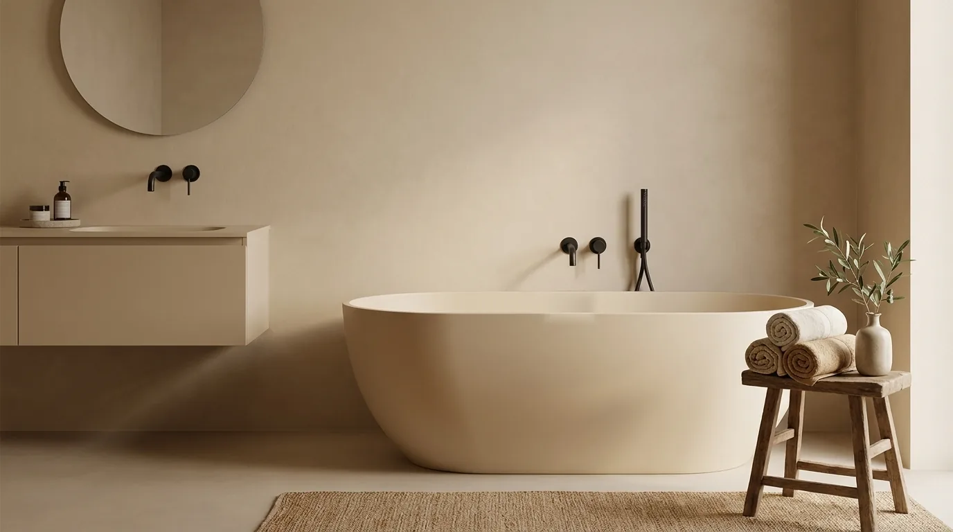 de beige badkamer: laat het bad zelf de kleur dragen