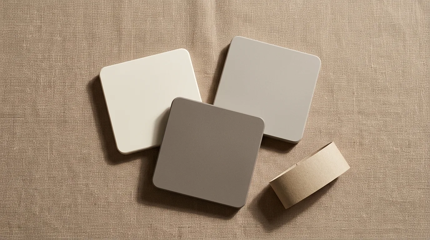 drie matte solid surface kleurstalen op een linnen ondergrond