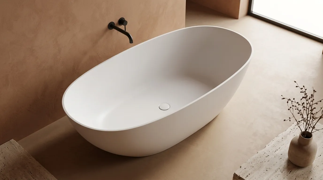 detail van een gegoten matte solid surface kuip