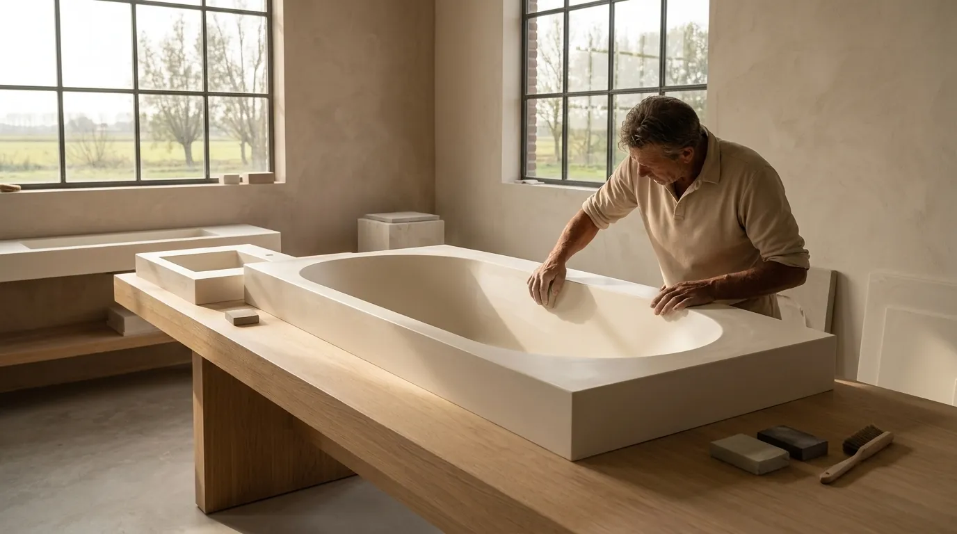 een vakman werkt met de hand aan een gegoten solid surface bad in de werkplaats in leek